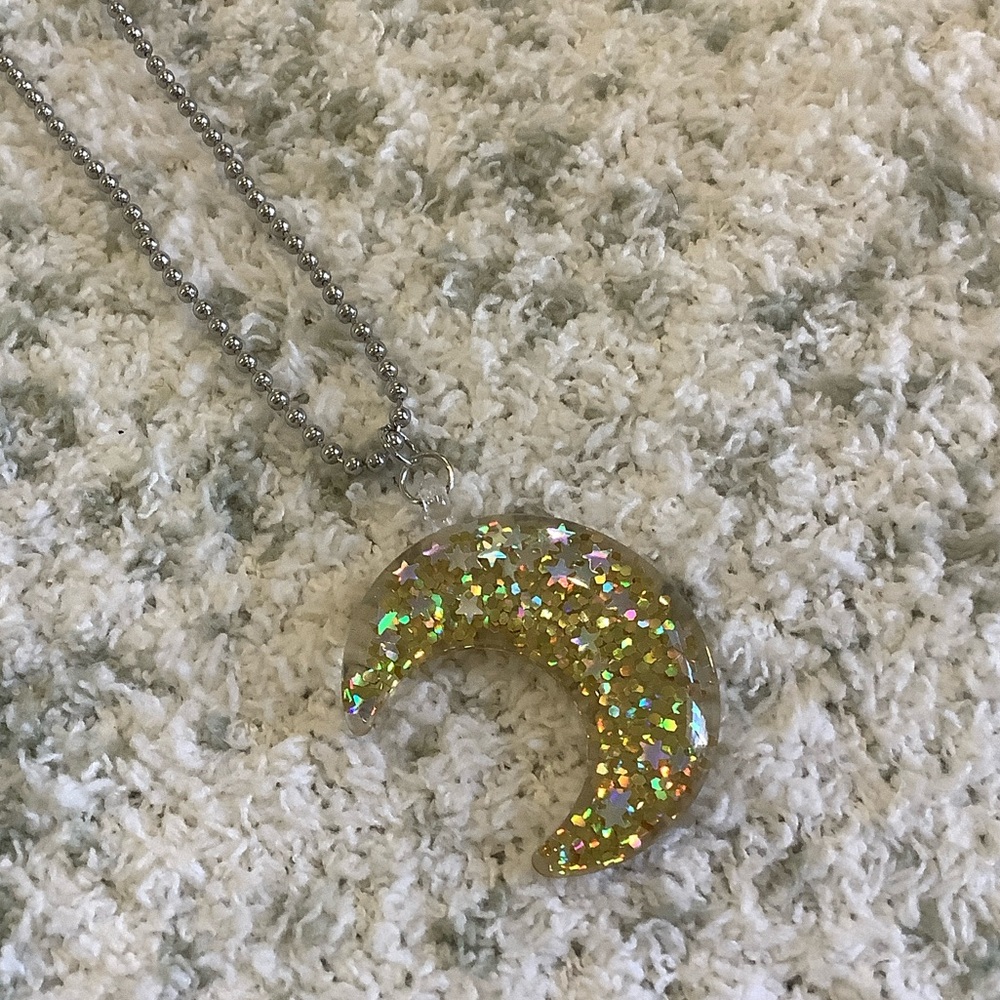 Fall Halloween Glittering Holographic Crescent Moon Novelty Necklace NWT 22”